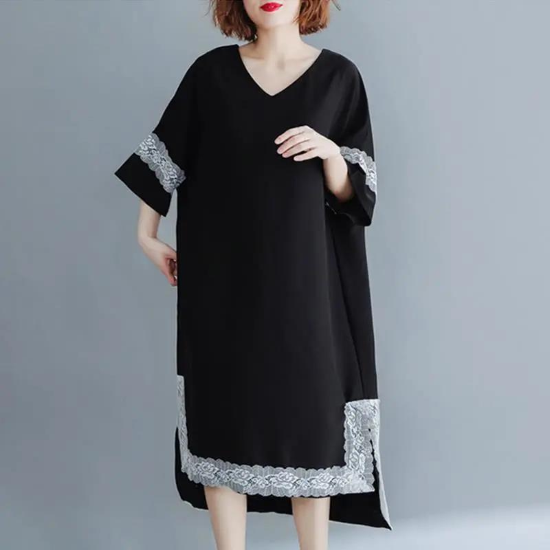 WTEMPO Women's Summer Dress Black Lace Large Size XL-XXXXL Loose Long V-neck Irregular