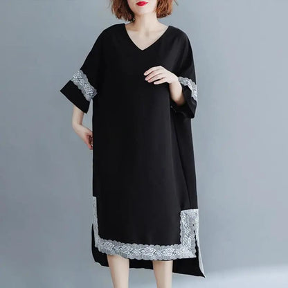 WTEMPO Women's Summer Dress Black Lace Large Size XL-XXXXL Loose Long V-neck Irregular