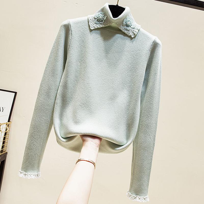 Women's Turtleneck Sweater Lace Hook Knit Sweater Short Beaded Pullover Jumper Sweet Slim-fit Knitwear Bottoming or Outwear