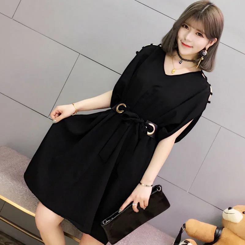 Solid Color V-neck Hollow Dress Summer Women Batwing Sleeve Big Bow Ring Belt Knee-length Dress