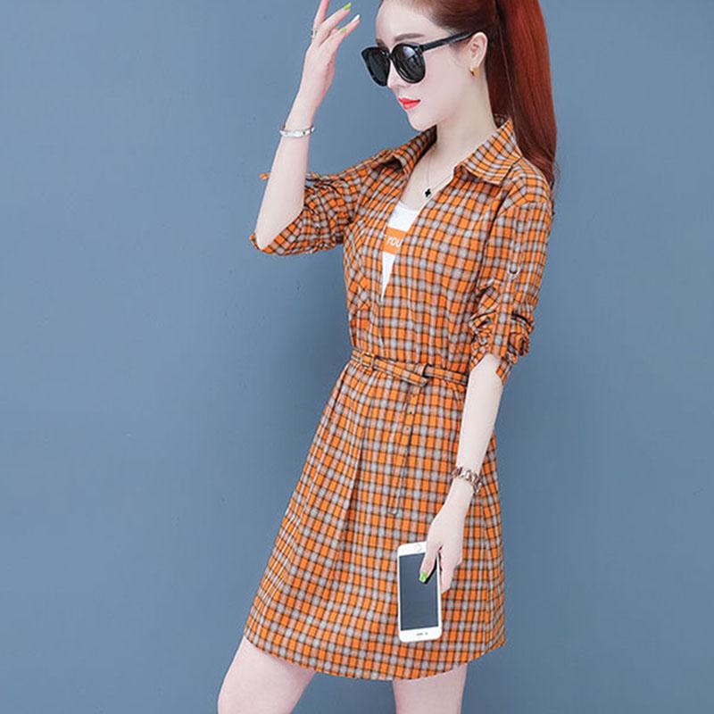 Pofulove Summer dress plus size women's plaid dress slim short sleeve shirt dress with pocket