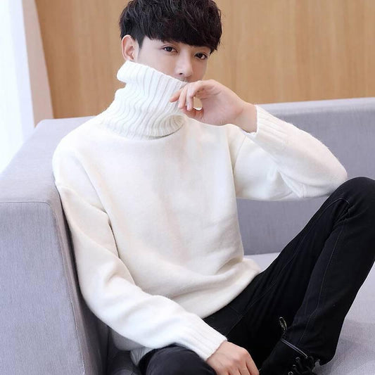 Men's Turtleneck Pullover Sweater Solid Color Long Sleeve Round Neck Jacket All-match Fashion Casual Coat