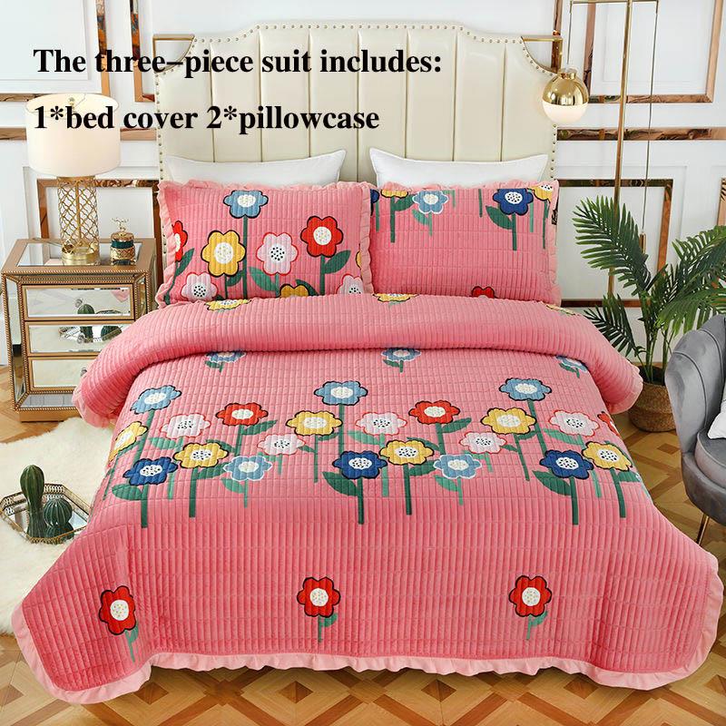 Two-sided Bed Cover Cushion Crystal Velvet Bed Cover Three-piece Quilted Bed Sheet Pillowcase Set
