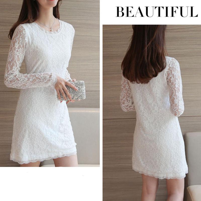 Large Size Lace Dress Women Long Sleeve Midi Skirt Slim Elegant Bottoming Skirt Summer Long