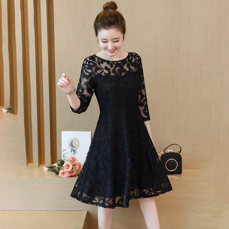 Spring Summer Temperament Fashion Women Round Neck Short Sleeve Lace Dress