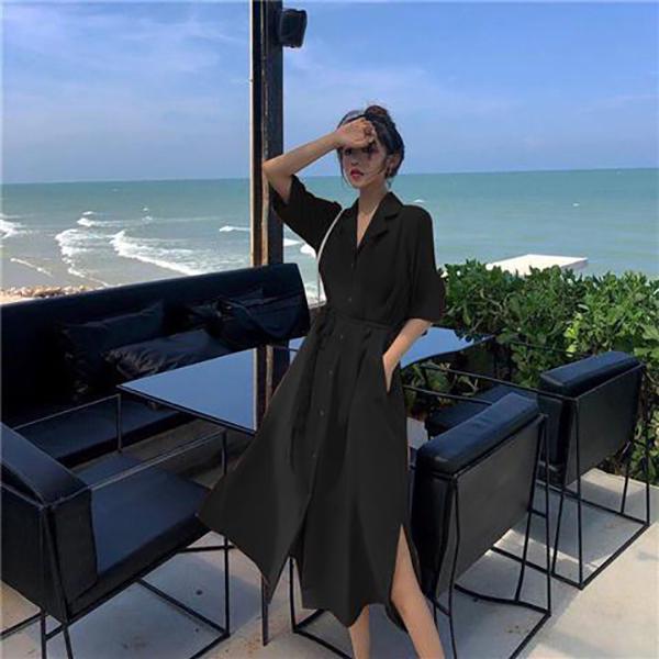 Casual Sashes A Line Women Dress Ladies Lapel Party Dress Summer Elegant Long Dress Shirt Dress