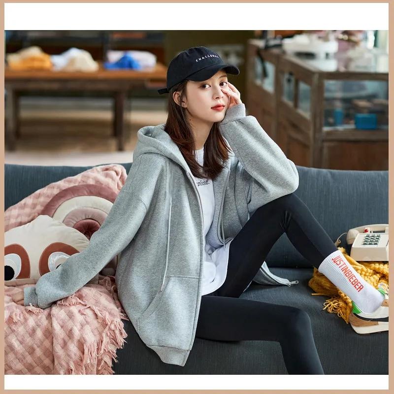 Loose Hooded Sweater Women's Autumn and Winter Coat Short Korean Version Plus Velvet Thick All-match Zipper Cardigan Casual Jacket Top Sportswear