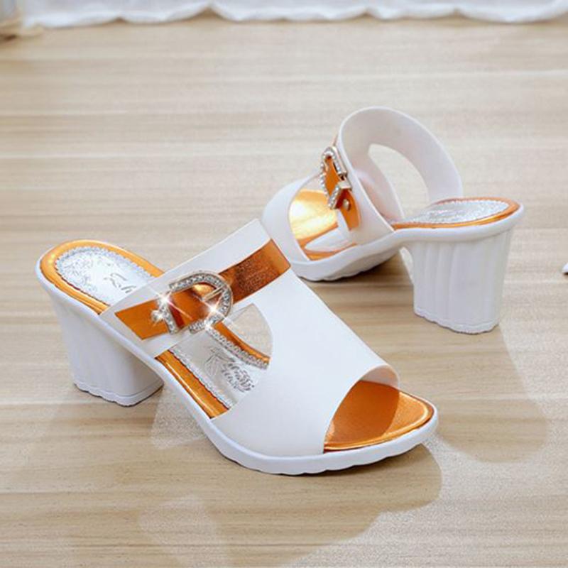 Sandals  Women Summer Korean Style Small Thick Heel High Heels Mid-heel Buckle  All-match Open-toed Women's Shoes