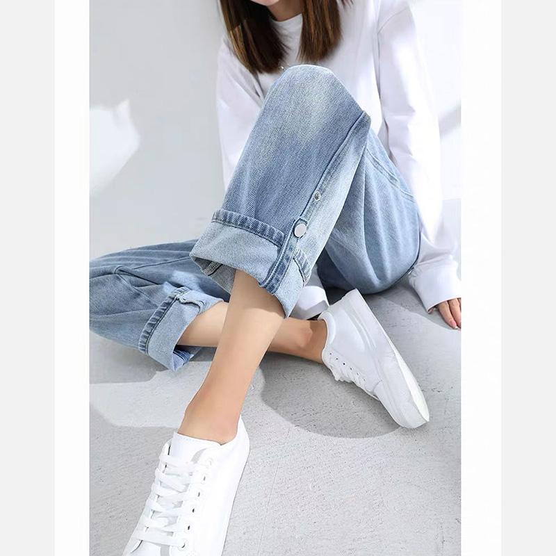 WTEMPO Adjustable trouser length Women's High Washed Denim Waist Wide Leg Pants Straight-leg Pants Super Long Loose Casual