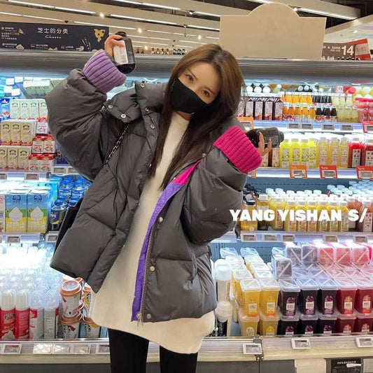 European Goods C Letter Knitted Cuffs Bread Down Jacket Women Winter Short White Duck Down Hooded Thick Loose Jacket