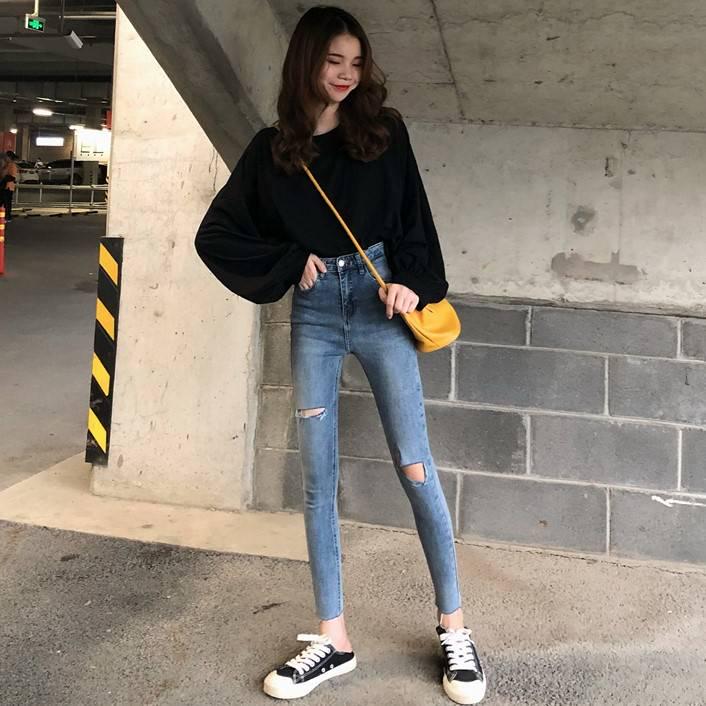 WTEMPO High Waist Ripped Jeans Clothes Stretch Denim Clothing Blue Street Clothes Fashion Retro Pants