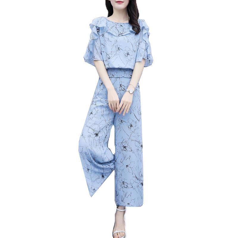 Suit Women Summer Two-piece Trousers Loose Floral Blouse Wide-leg Pants Casual Suit Temperament Elegant Sweet Cute Chiffon Suit