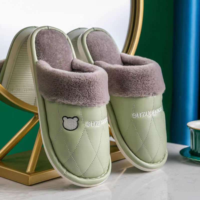 Winter Couple Cotton Slippers Household PU Leather Warm Shoes Waterproof Non-slip Plush Slippers