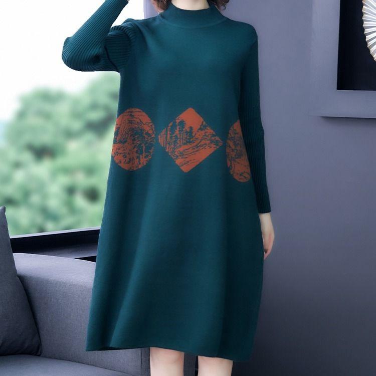 Autumn and Winter Plus Size Thick Sweater Half High Neck Loose Knit Top Mid-length Middle-aged Ladies Sweater Dress