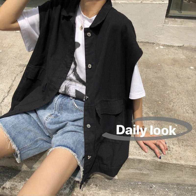 Turn-down Collar Solid Color Women's Vest Sleeveless Spring and Summer Loose Casual Buttons Coat Black White Waistcoat