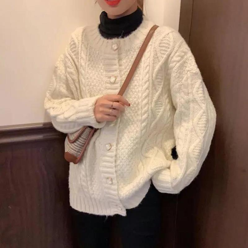 Autumn and Winter Women's Outer Wear Warm Sweater Casual Loose Thickening Retro All-match Twisted Korean Twist Knitted Cardigan
