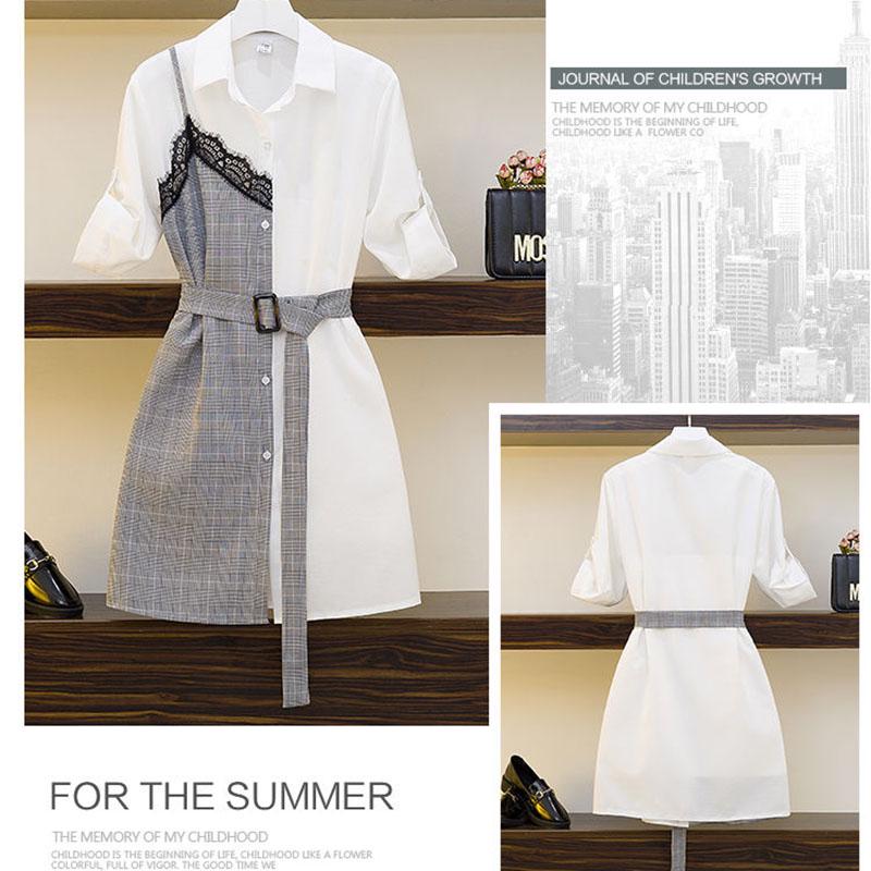 Women Shirt Dress Summer  Female Plus Size Slim Lace Plaid Stitching Midi Dress Elegant Dress with Sashes