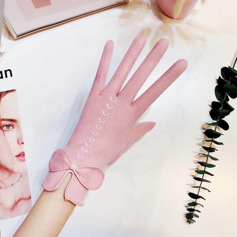 Suede Gloves Female Touch Screen Winter Windproof Cold Warm Plus Velvet Korean Version Cute Bow Gloves