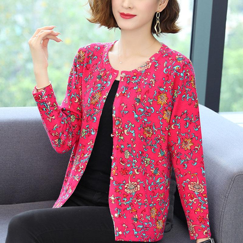 Autumn Winter Floral Cardigan Sweater Women Long Sleeve O-neck  Woolen Sweater Female Plus Size Knitted  Jacket