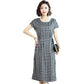 Fashion Women O-Neck Short Sleeve Houndstooth Patchwork Print Work Casual Dress Spring Summer
