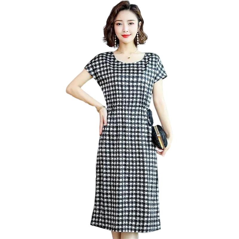 Fashion Women O-Neck Short Sleeve Houndstooth Patchwork Print Work Casual Dress Spring Summer