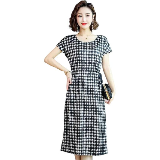 Fashion Women O-Neck Short Sleeve Houndstooth Patchwork Print Work Casual Dress Spring Summer