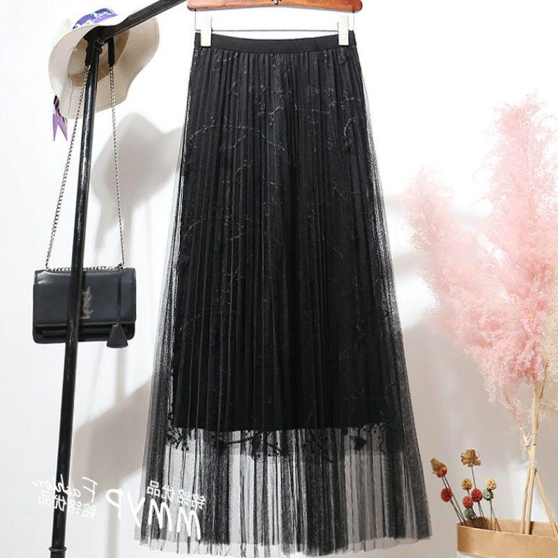 Summer Midi Mesh Skirt Women Elastic Empire Pleated Skirt Chic Long Tulle Ins Tutu Skirt Femme