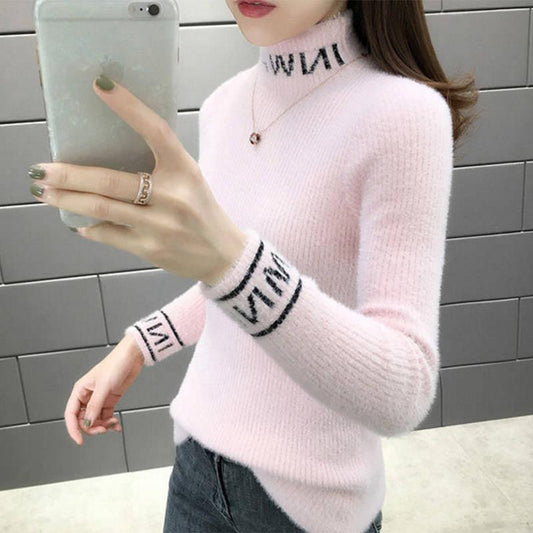 Pofulove imitation mink sweater women's pullover Slim half-high collar thick inner bottoming sweater