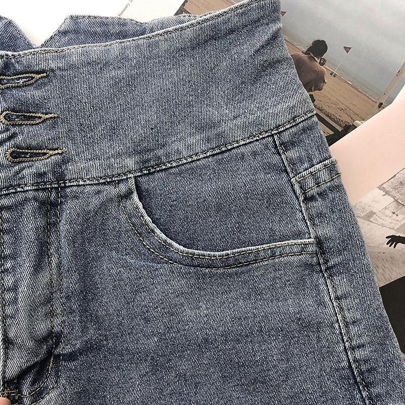 High Waist Denim Shorts Female Summer Korean Version of Ins Retro Metal Chain Design Sense A-line Wide-leg Pants