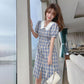 Ladies Dress Blue Plaid Sweet and Cute Fresh Doll Collar Slim and Thin French Retro Jumpsuit Chiffon Skirt Fabric Light and Breathable