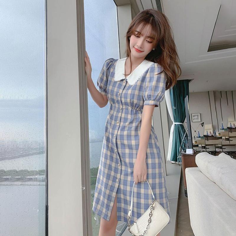 Ladies Dress Blue Plaid Sweet and Cute Fresh Doll Collar Slim and Thin French Retro Jumpsuit Chiffon Skirt Fabric Light and Breathable
