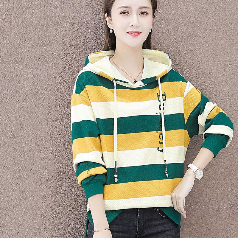 Women's Large Size Striped Hoodies Spring and Autumn Cotton Loose Coat Slim Versatile Long Sleeve Tops
