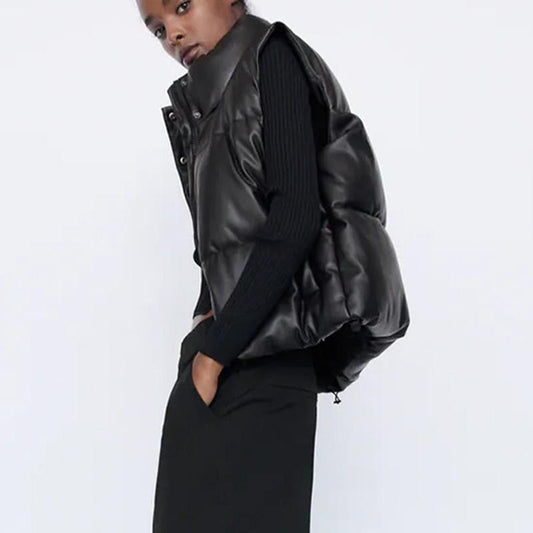 Black Stand Collar Vests Women Fashion Zipper PU Leather Coats Women Elegant Autumn Winter Short Vests Female Ladies IAC