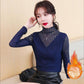 Autumn and Winter Plus Velvet Half-high Collar Lady Sweater Elegant Temperament Knitted Sweater All-match Lace Slim Casual Shirt