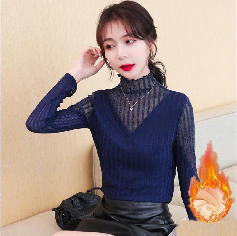 Autumn and Winter Plus Velvet Half-high Collar Lady Sweater Elegant Temperament Knitted Sweater All-match Lace Slim Casual Shirt