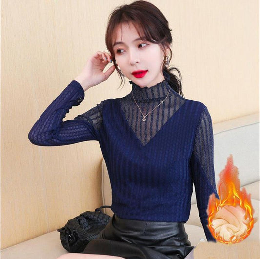 Autumn and Winter Plus Velvet Half-high Collar Lady Sweater Elegant Temperament Knitted Sweater All-match Lace Slim Casual Shirt