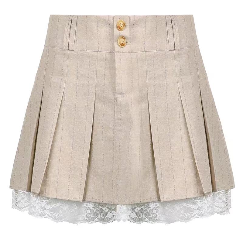 Women's Pleated Skirt Girls Summer Solid Color High Waist A-line Skirts Lace Patchwork Mini Skirt Club Short Skirts