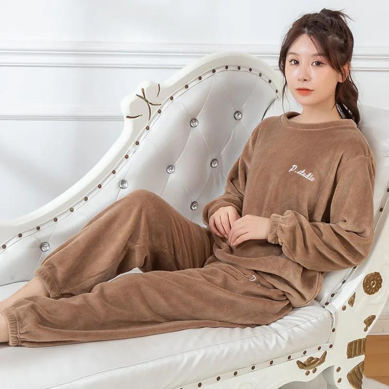 Women Warm Pajamas Suit Winter Home Wear Coral Fleece Thick Velvet Sleepwear Top and Pants Set Pullover O Neck Casual Loose Long Sleeve Flannel Pyjama