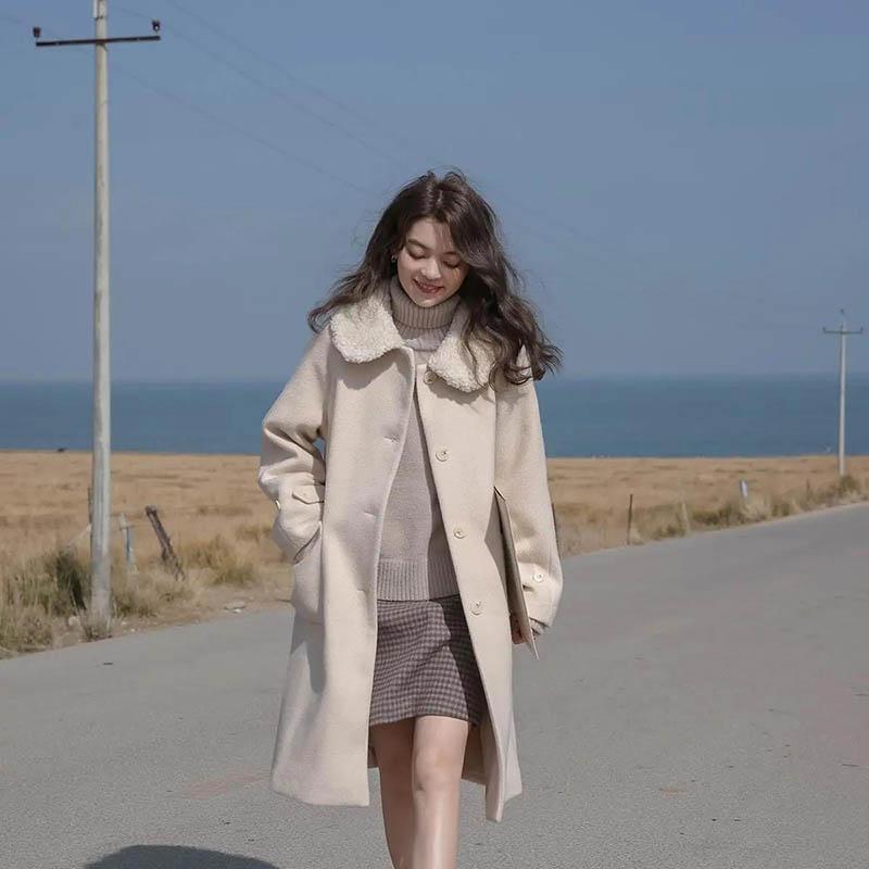 Add Cotton Thick Winter Mid-length Woolen Coat Female Lamb Hair Doll Collar Warm Woolen Coat