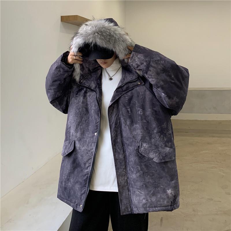 Tie-dyed Cotton Jacket Men's Winter Thick Down Cotton Jacket Korean Style Trend Loose Hooded Big Fur Collar Youth Cotton Jacket