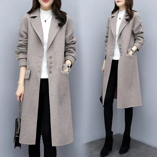 Coat Women's Mid-length Autumn and Winter Woolen Loose and Thin Over The Knee Popular Woolen Coat