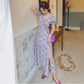 Summer Retro French Square Neck Puff Sleeve Split Dress Oil Painting Purple Floral Long Skirt French Retro Ladies Dress Chiffon Dress