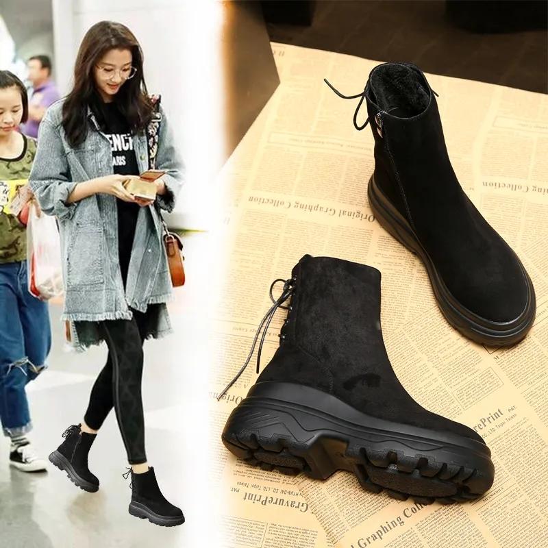 Korean Version F Martin Boots Female British Style Platform Velvet Shoes Autumn Winter Thick-soled Short-tube Women's Plush Boots