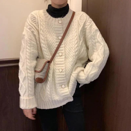 Autumn and Winter Women's Outer Wear Warm Sweater Casual Loose Thickening Retro All-match Twisted Korean Twist Knitted Cardigan