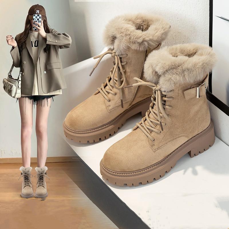 Women's Boots Winter Shoes Fur Boots Plush Warm Snow Ankle Booties Female Platform Chunky Boots Cow Suede Shoes