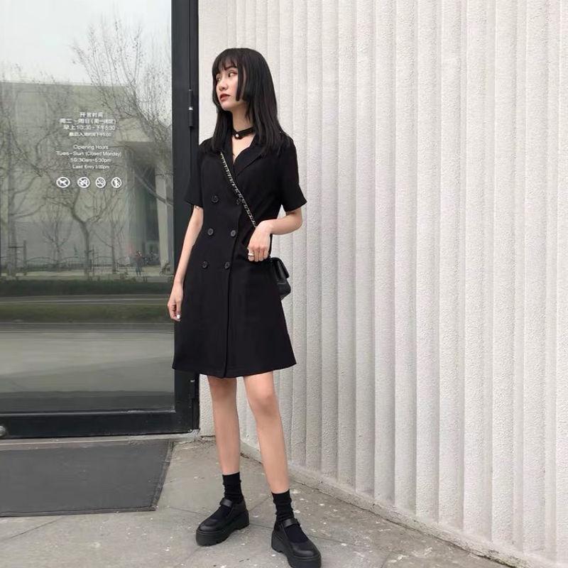 Black Dress Women's Cool Girl Summer Dress Short Sleeve Turn-down Collar Knee-length Daily Wear Office Dating Party
