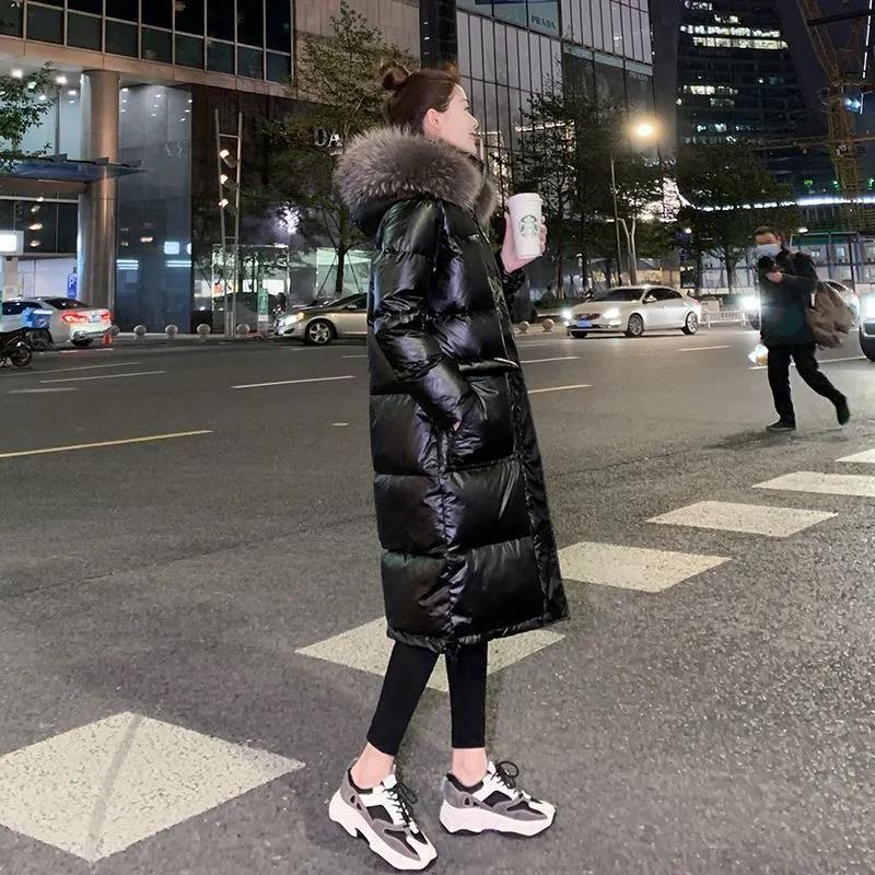 Winter Fashion Big Fur Collar Bright Face Down Padded Jacket Women Mid-length Thick Coat