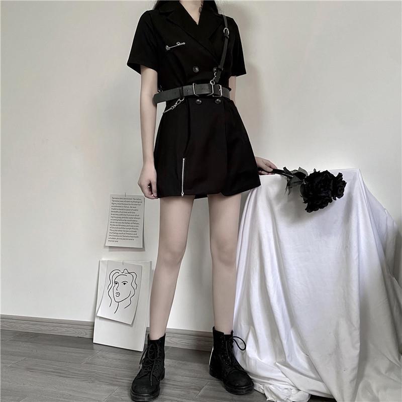 Cool Girl Black Belt Dress Women's Summer Dress Short Sleeve Turn-down Collar Knee-length Daily Wear Office Dating Party