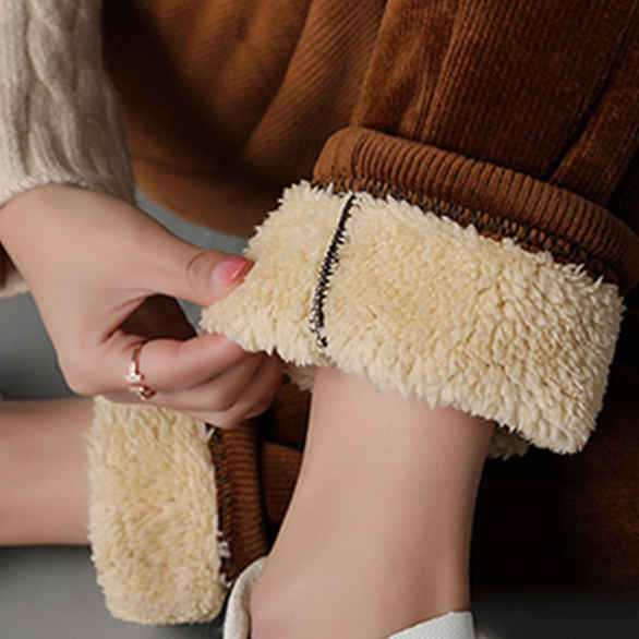 Women Fashion Winter Thicken Plush Corduroy Casual Pants Warm High Waist Trousers