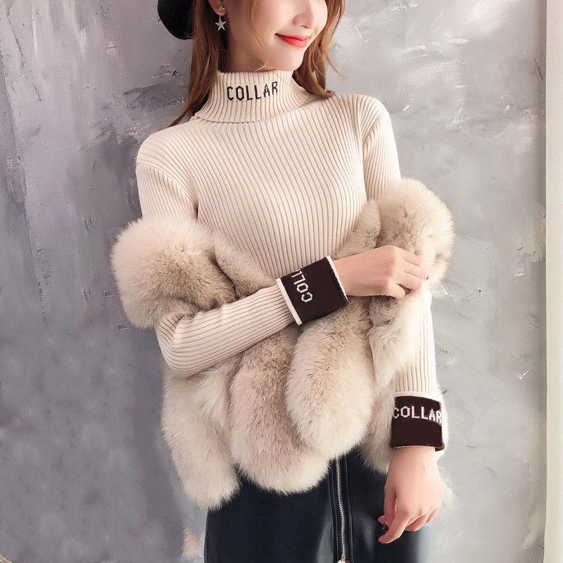 Pofulove sweater Slim thick letter short section long sleeves inside student turtleneck sweater base